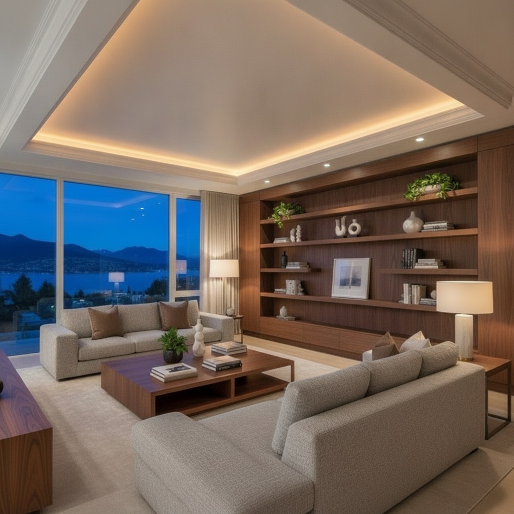 The same living room after a crowned tray ceiling with warm cove lighting was installed