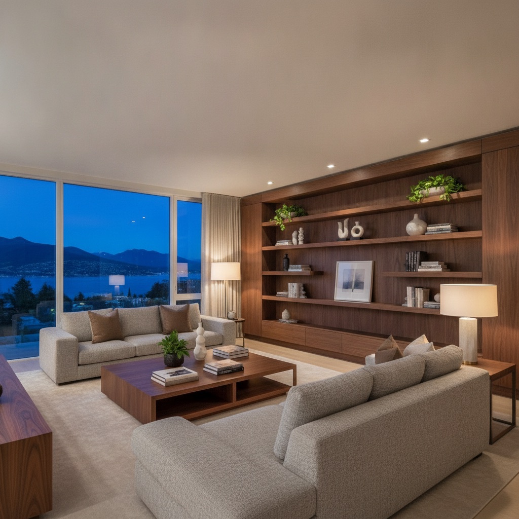 An upscale West Vancouver living room with a plain flat ceiling, before crown moulding