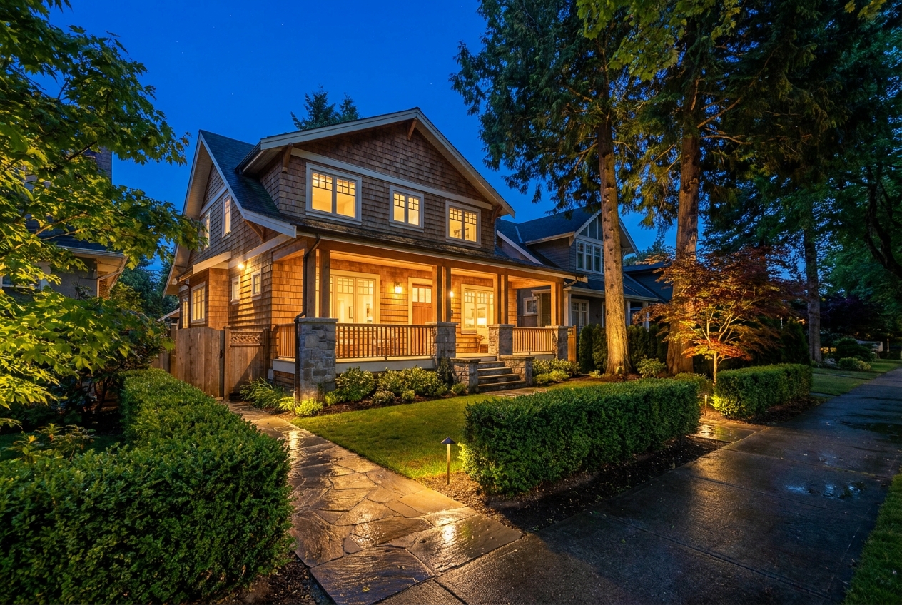 A Vancouver character home at dusk with a lit flagstone path and a glowing covered porch