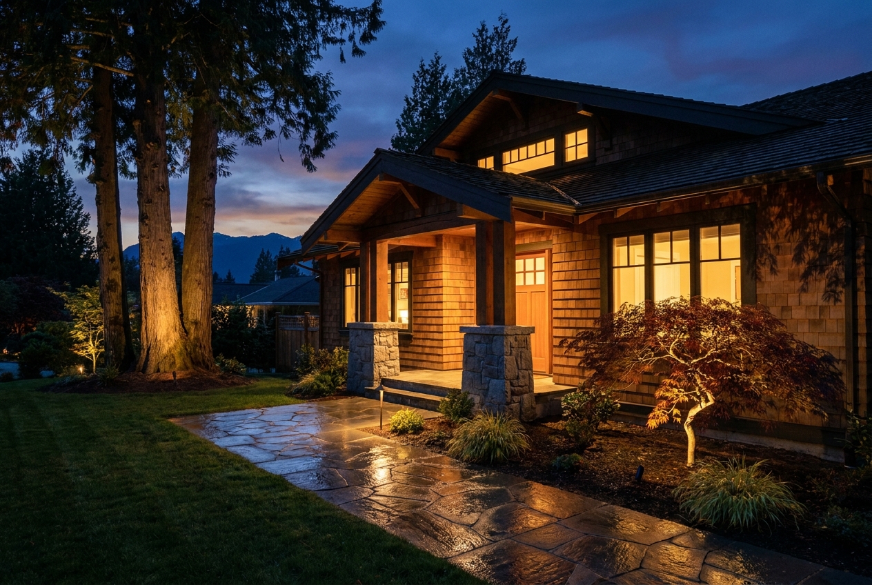 A North Vancouver Craftsman home at dusk with warm path lighting, façade uplighting, and uplit cedars