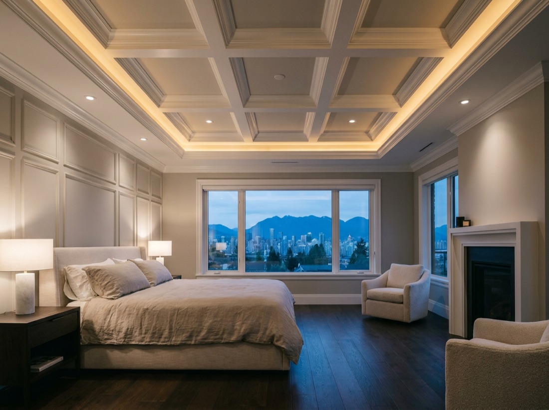 An upscale primary bedroom with a coffered tray ceiling, warm perimeter cove lighting, crown moulding, and a panel-moulding feature wall