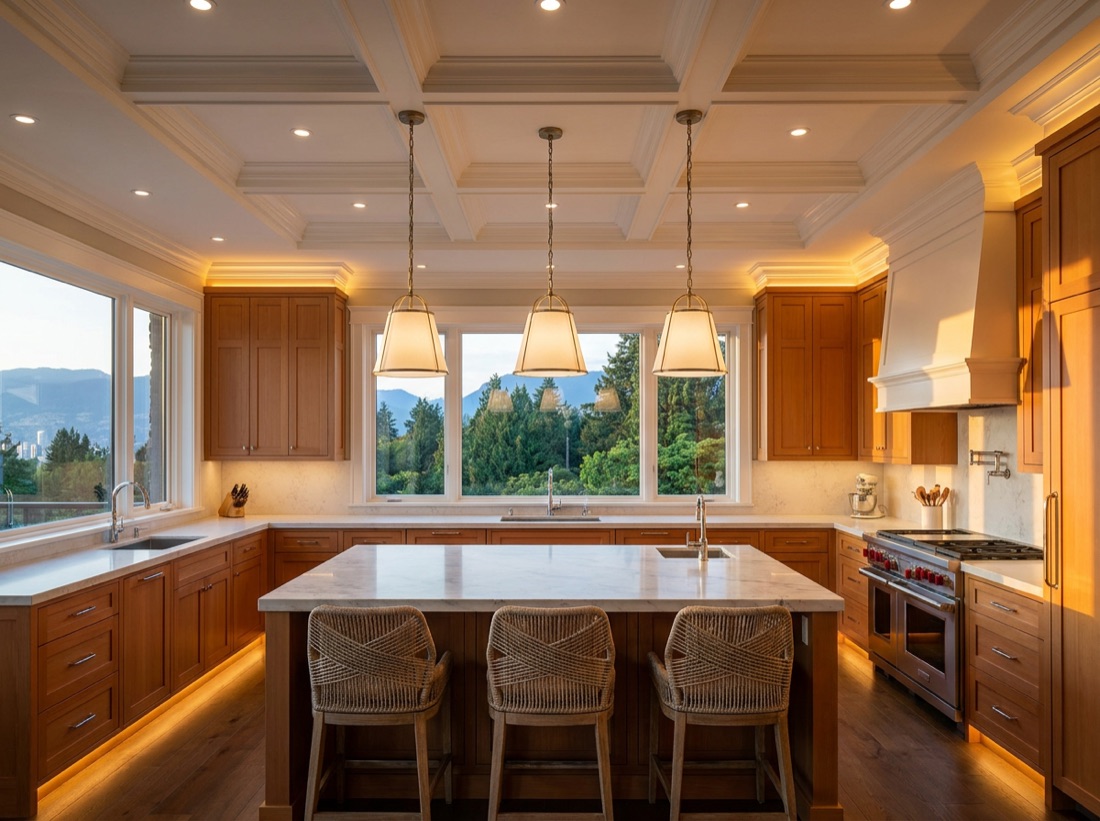 An upscale Vancouver kitchen with crown moulding, recessed pot lights over the island, and warm under-cabinet cove lighting