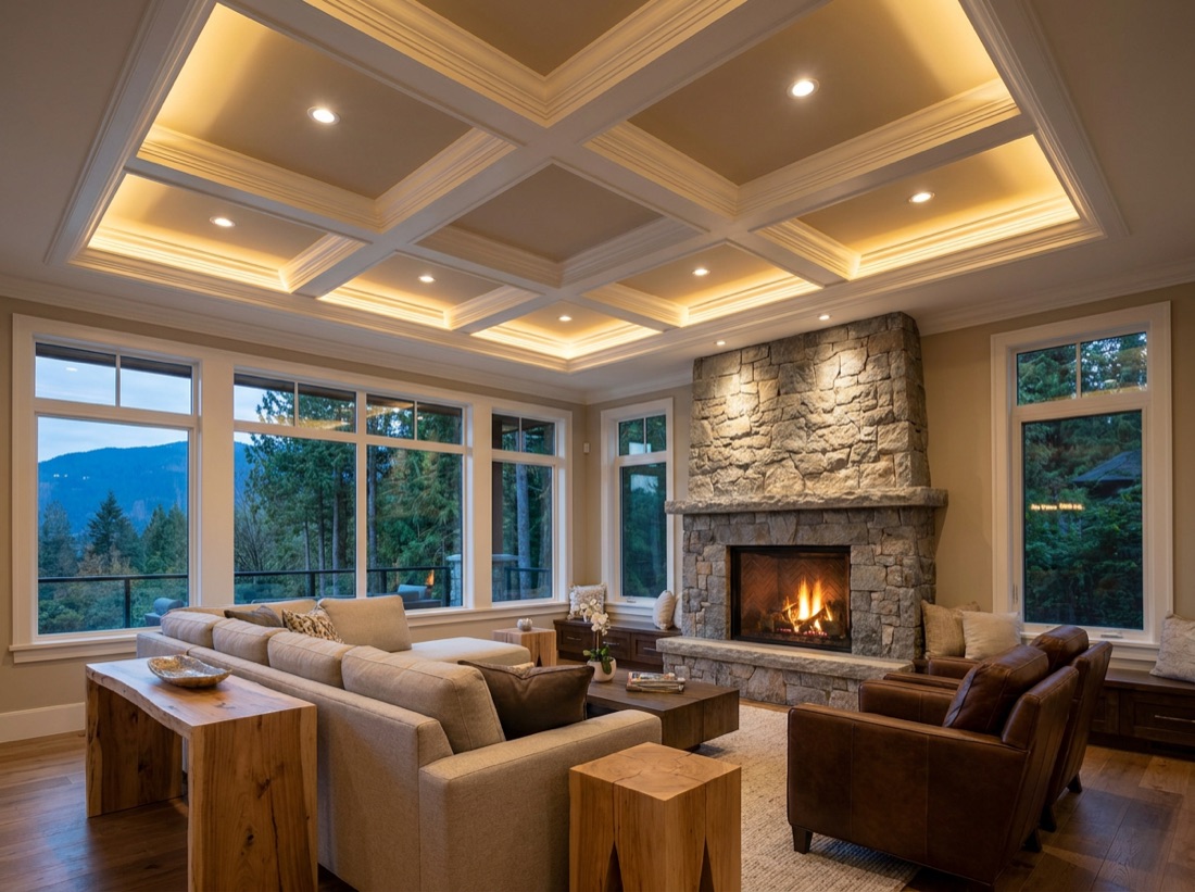 An upscale West Vancouver living room with a coffered tray ceiling, warm cove lighting, recessed pot lights, and crown moulding
