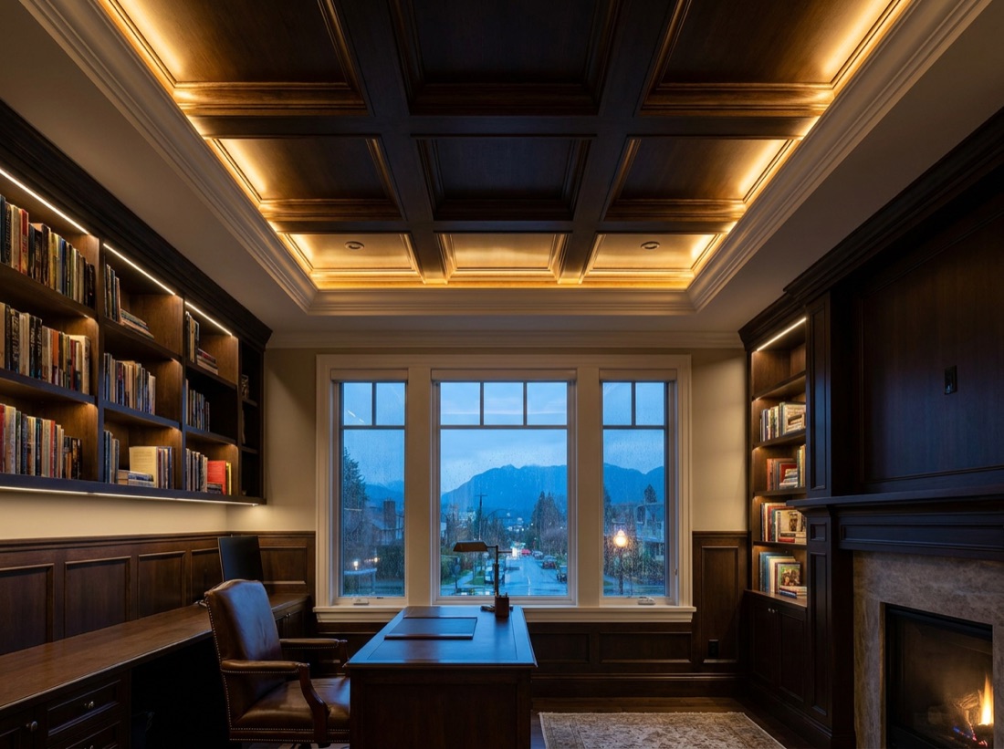 An upscale home office with a coffered ceiling, warm cove lighting, crown moulding, and lit floor-to-ceiling built-in shelving