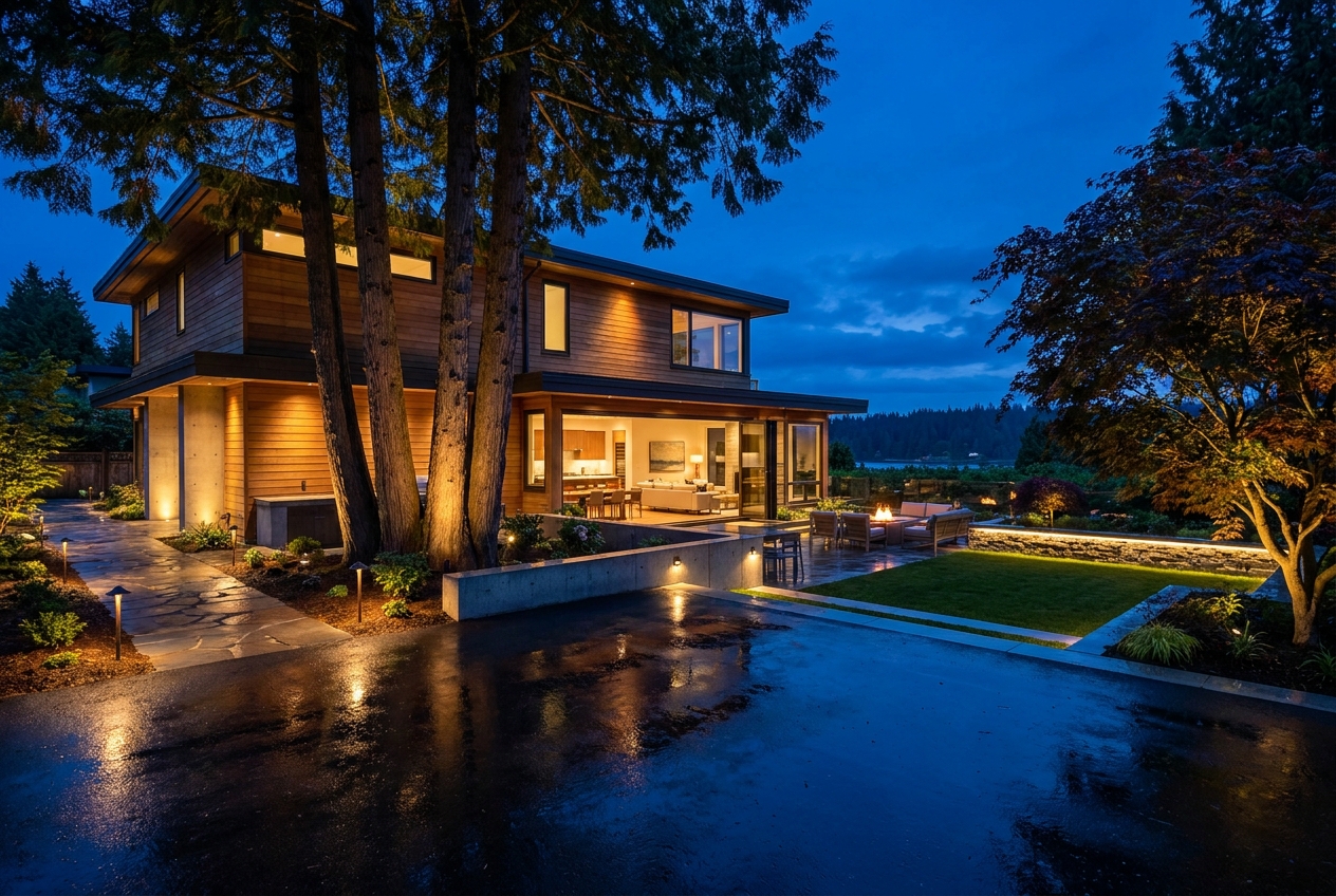 A Metro Vancouver backyard patio and garden lit at night with uplit trees and a warm fire-lit lounge