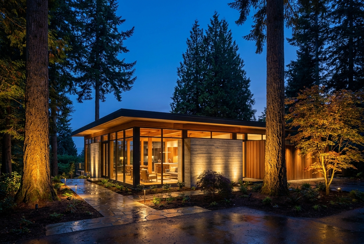 A West Coast modern home among evergreens at blue hour with tree uplighting and a glowing glass façade
