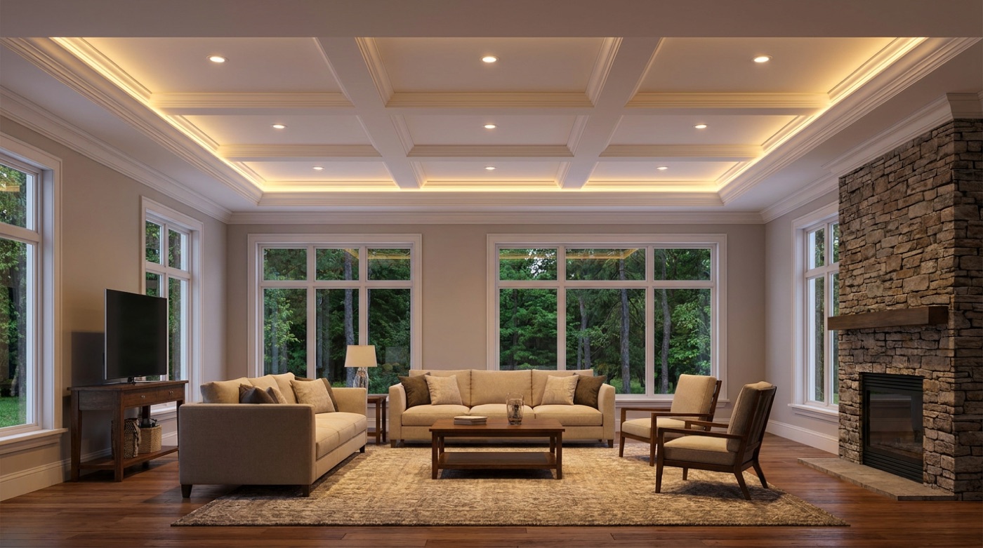 An upscale West Vancouver living room with a coffered tray ceiling, warm hidden cove lighting, recessed pot lights, and crown moulding