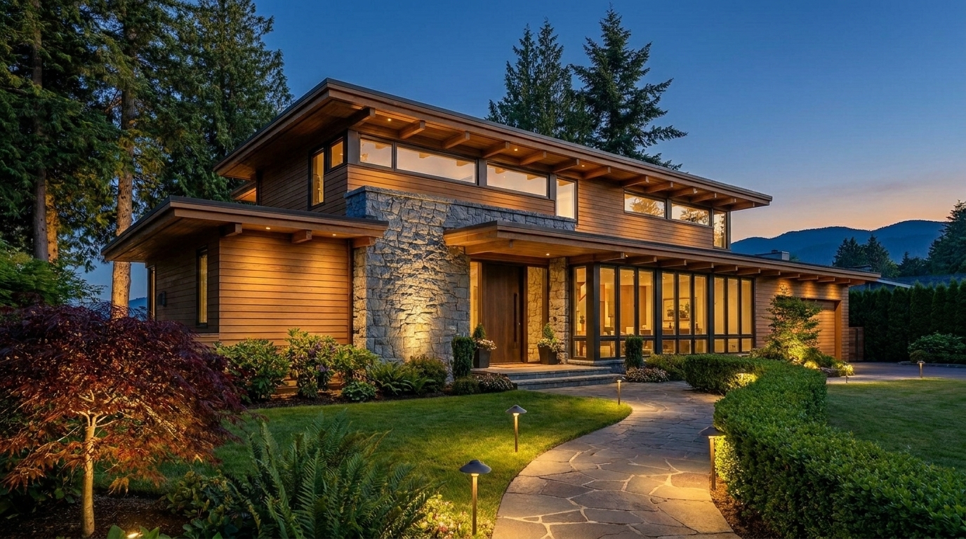 The same West Vancouver home at dusk with a full landscape lighting install: path lights, stone-wall and façade uplights, soffit lighting, tree uplights, warmly lit interior