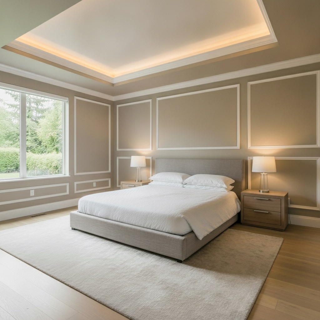 The same bedroom with white crown moulding, panel moulding, and a warm cove-lit tray ceiling