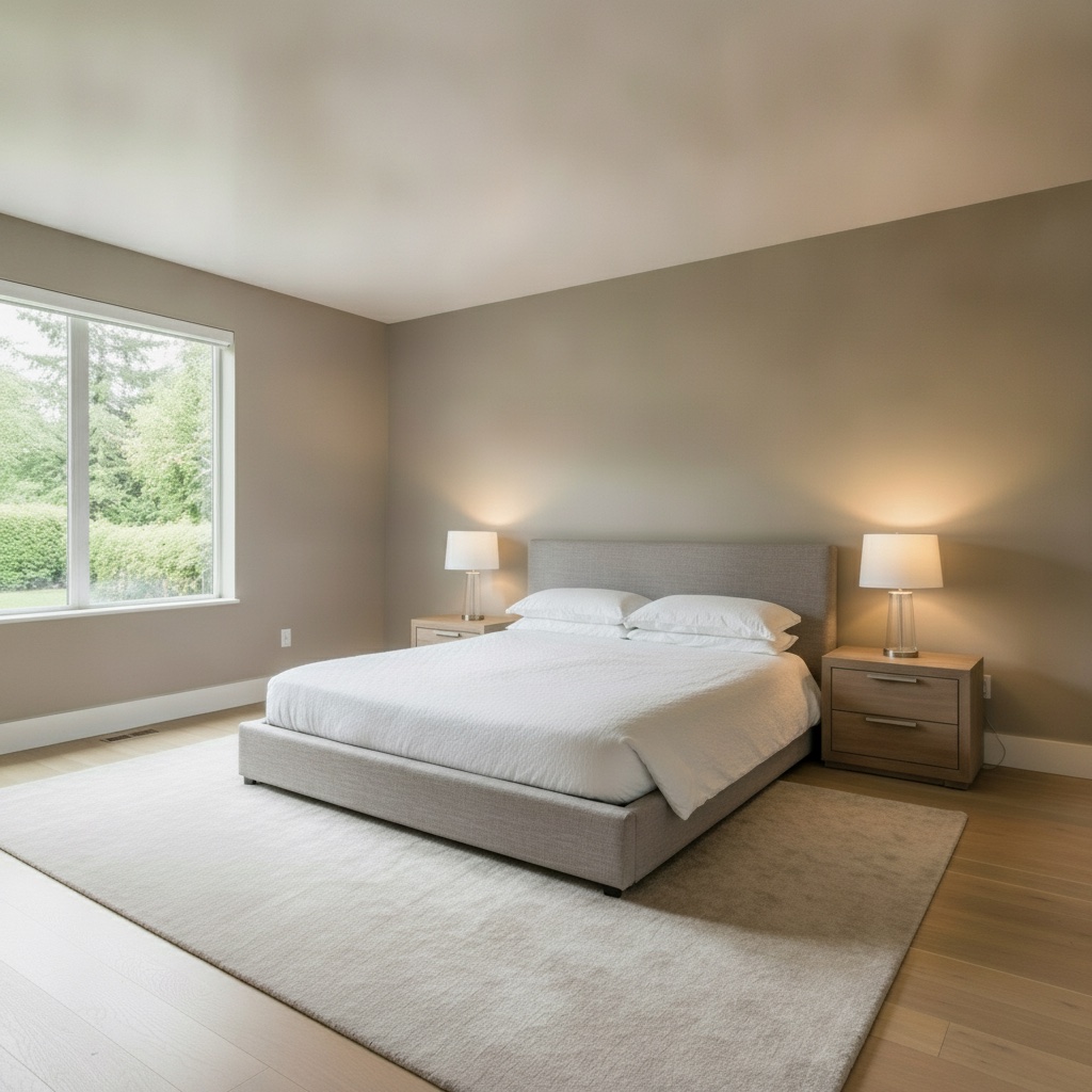 An upscale bedroom with a plain flat ceiling, before trim
