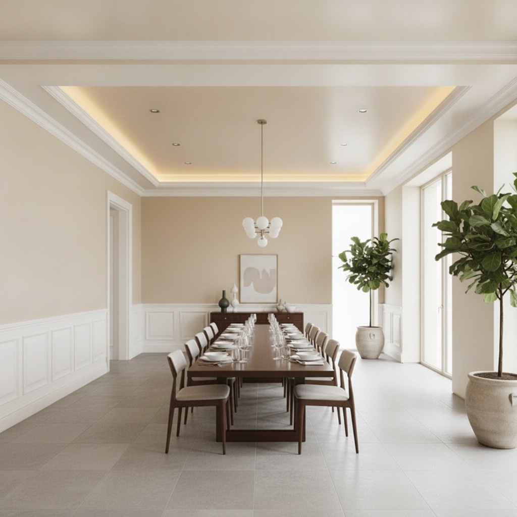 The same dining room with white wainscoting, crown moulding, and a warm cove-lit tray ceiling added