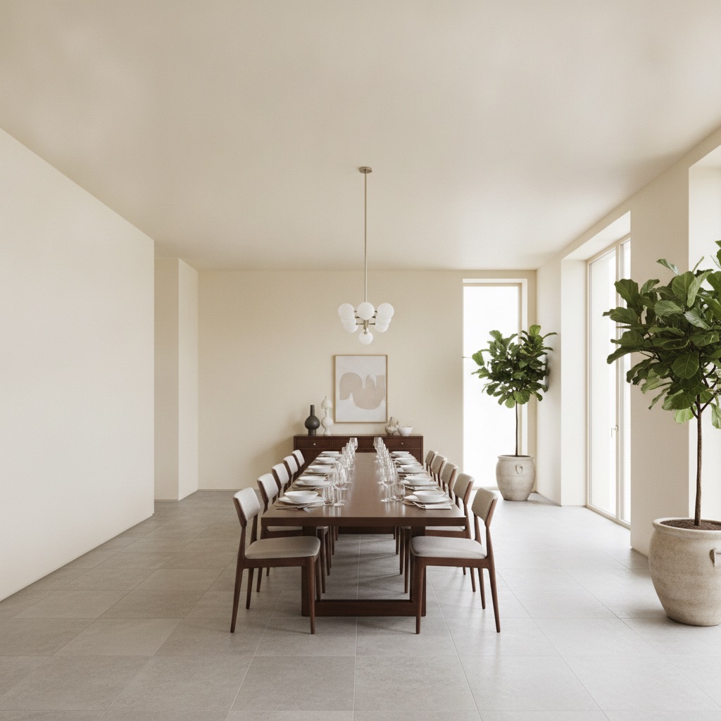 A plain dining room with no trim or moulding