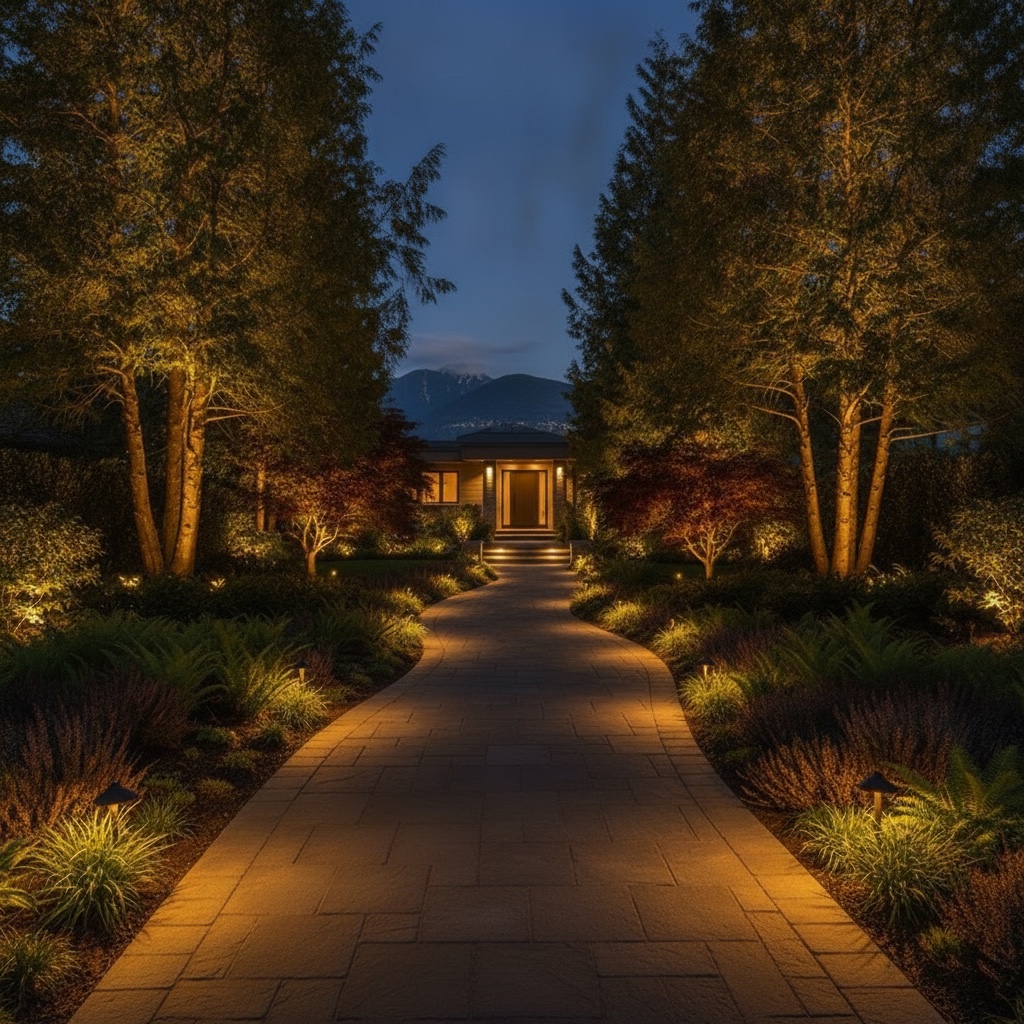 The same front yard at dusk with a glowing lit stone pathway, warm uplit trees, and garden lighting