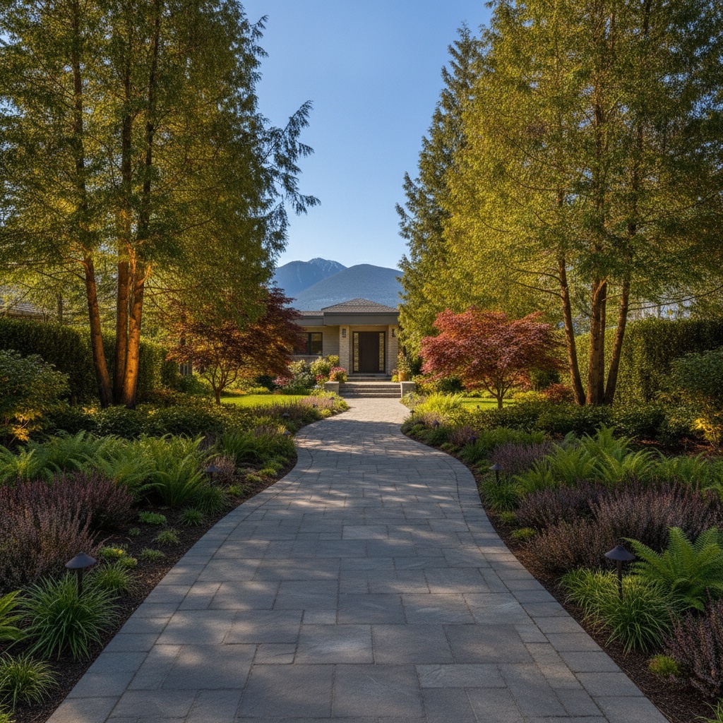 An upscale West Vancouver front yard and stone pathway in daylight, before landscape lighting