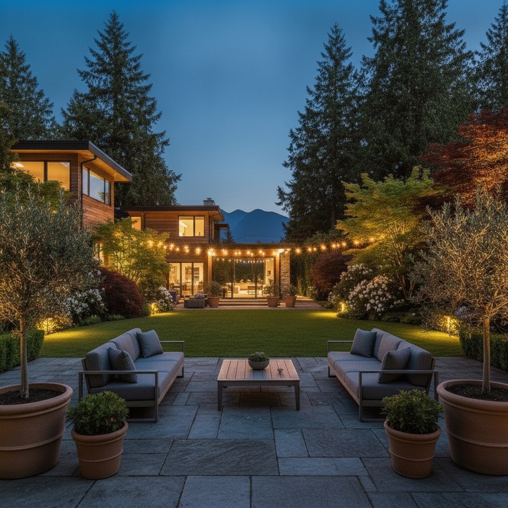 The same backyard at dusk with path lights, tree uplighting, and patio string lights