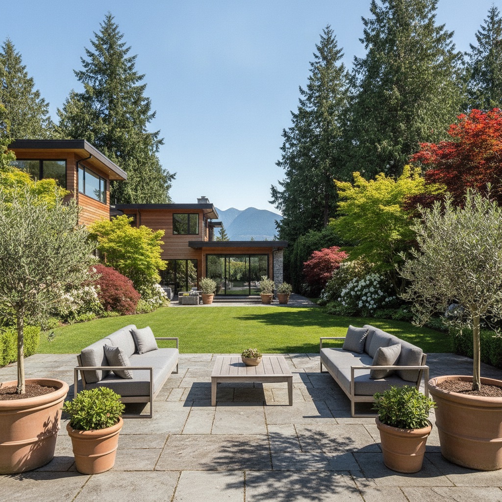 An upscale Vancouver backyard in daylight with no landscape lighting